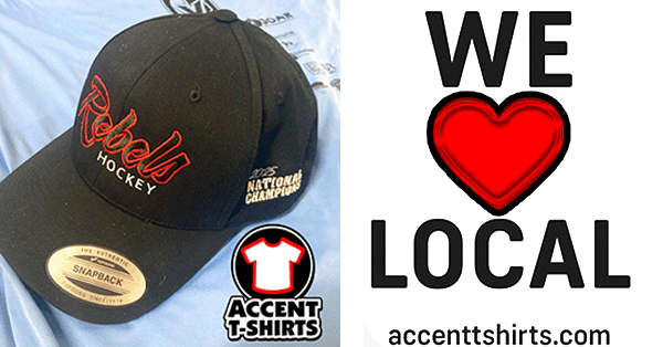 Custom embroidered Rebels Hockey snapback hat and “We Love Local” screen printing graphic by Accent T-Shirts in Las Vegas
