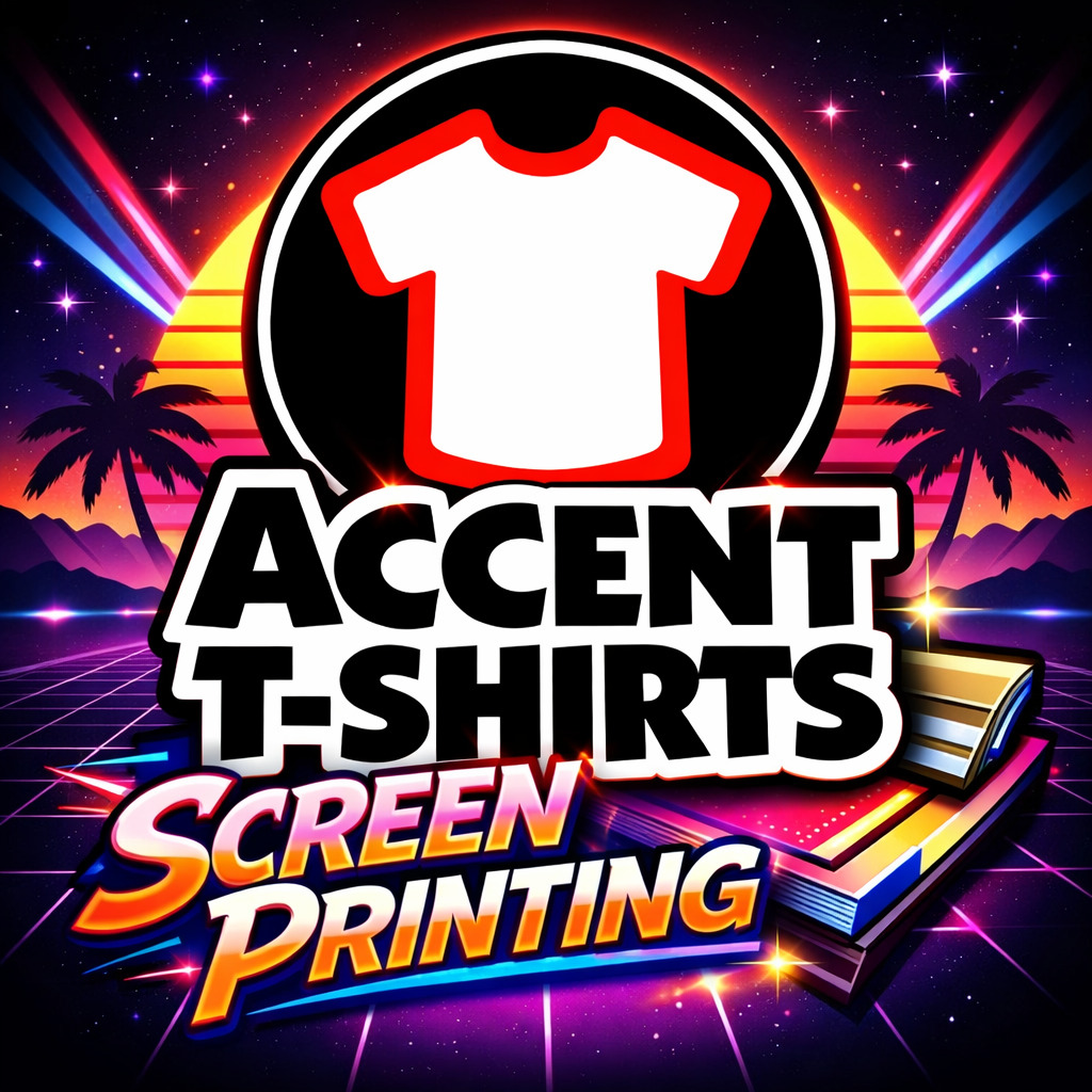 Accent T-Shirts screen printing Las Vegas graphic with prominent logo and retro 80s neon style