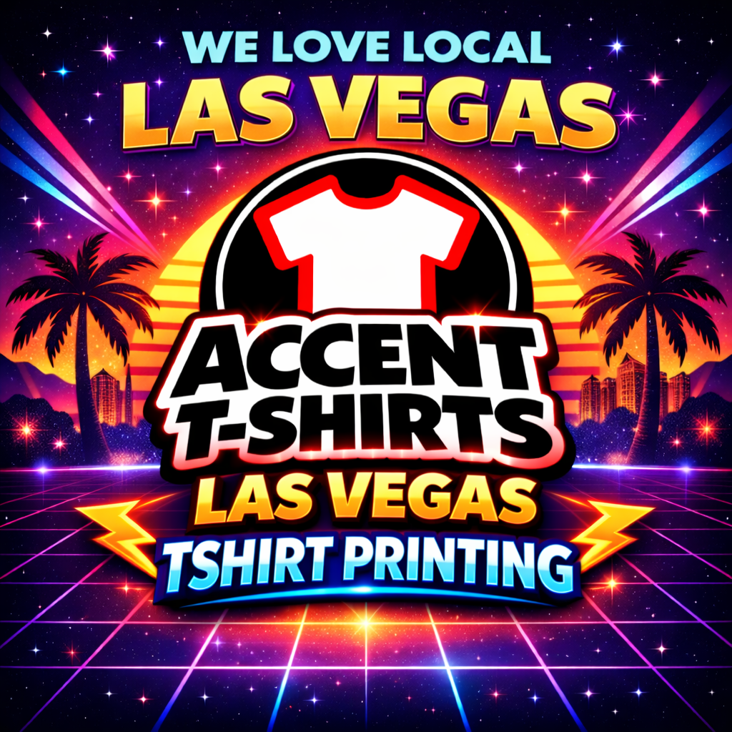 Accent T-Shirts retro 80s style graphic promoting Las Vegas tshirt printing with large logo, neon sunset, and vintage Vegas design