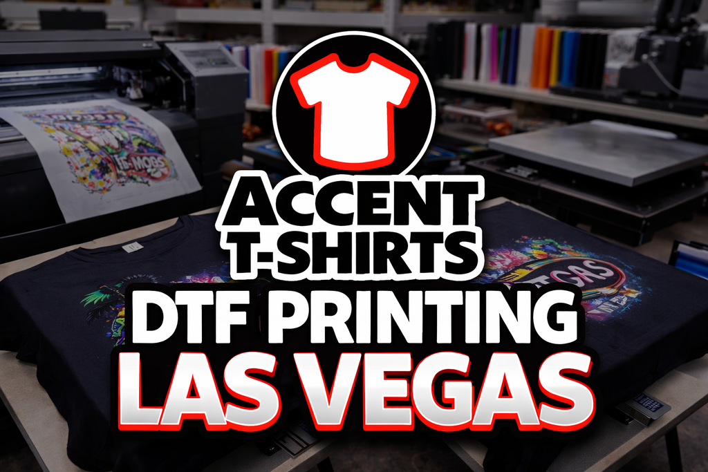 DTF printing Las Vegas graphic from Accent T-Shirts featuring direct-to-film custom apparel printing and Accent T-Shirts logo