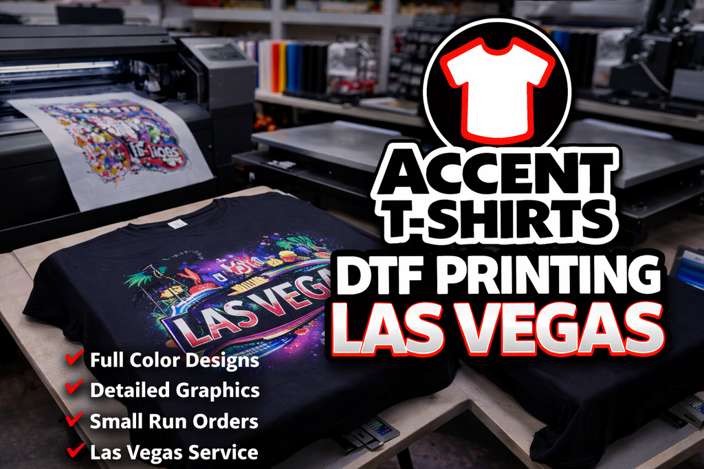 DTF printing Las Vegas graphic from Accent T-Shirts featuring full color designs, detailed graphics, small run orders, and local Las Vegas service