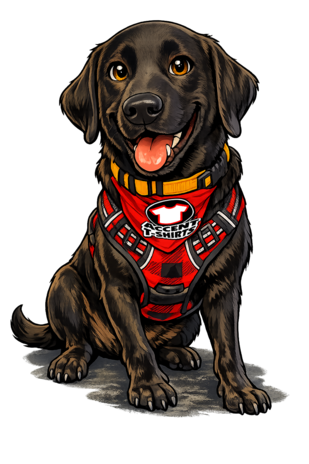 cartoon illustration of Cooper the shop dog at Accent TShirts in Las Vegas with his red bandana on that has an Accent T-Shirts Logo