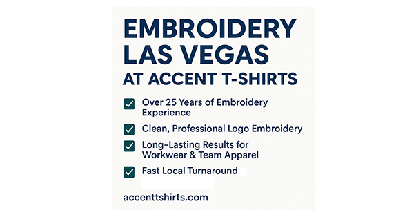 Embroidery Las Vegas services at Accent T-Shirts – custom logo stitching with over 25 years of experience.