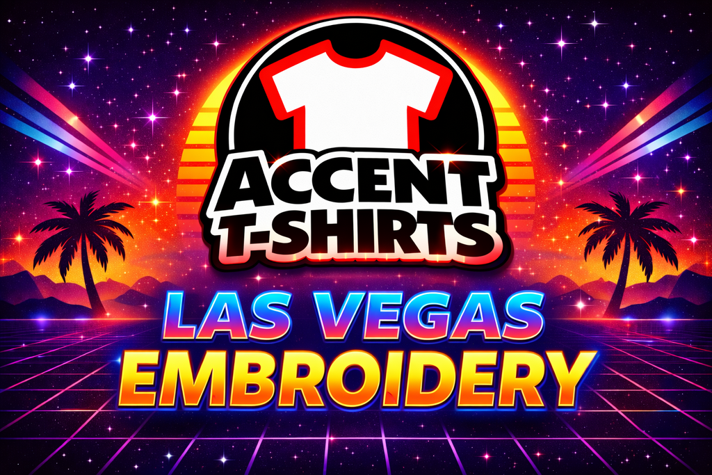 Accent T-Shirts Las Vegas embroidery graphic with retro 80s style and prominent company logo