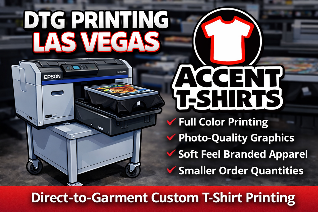 DTG printing Las Vegas graphic from Accent T-Shirts featuring direct-to-garment custom t-shirt printing, full color printing, and photo-quality graphics